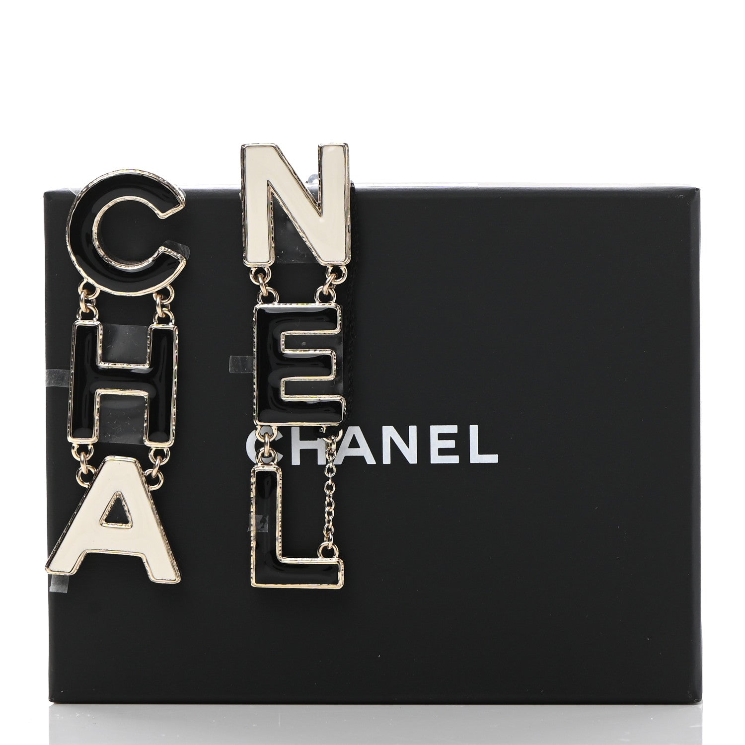 Chanel Metal Enamel Cha-Nel Logo Drop Earrings Black White 9 of 9