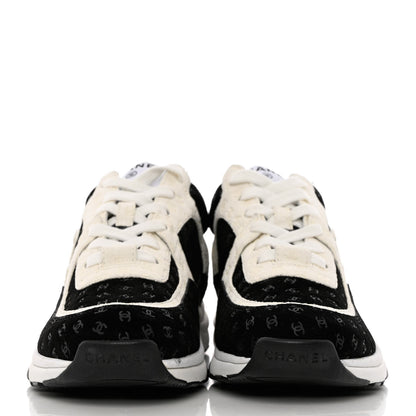 Chanel Nylon Suede Calfskin Printed CC Sneakers 37.5 White Black 2 of 9