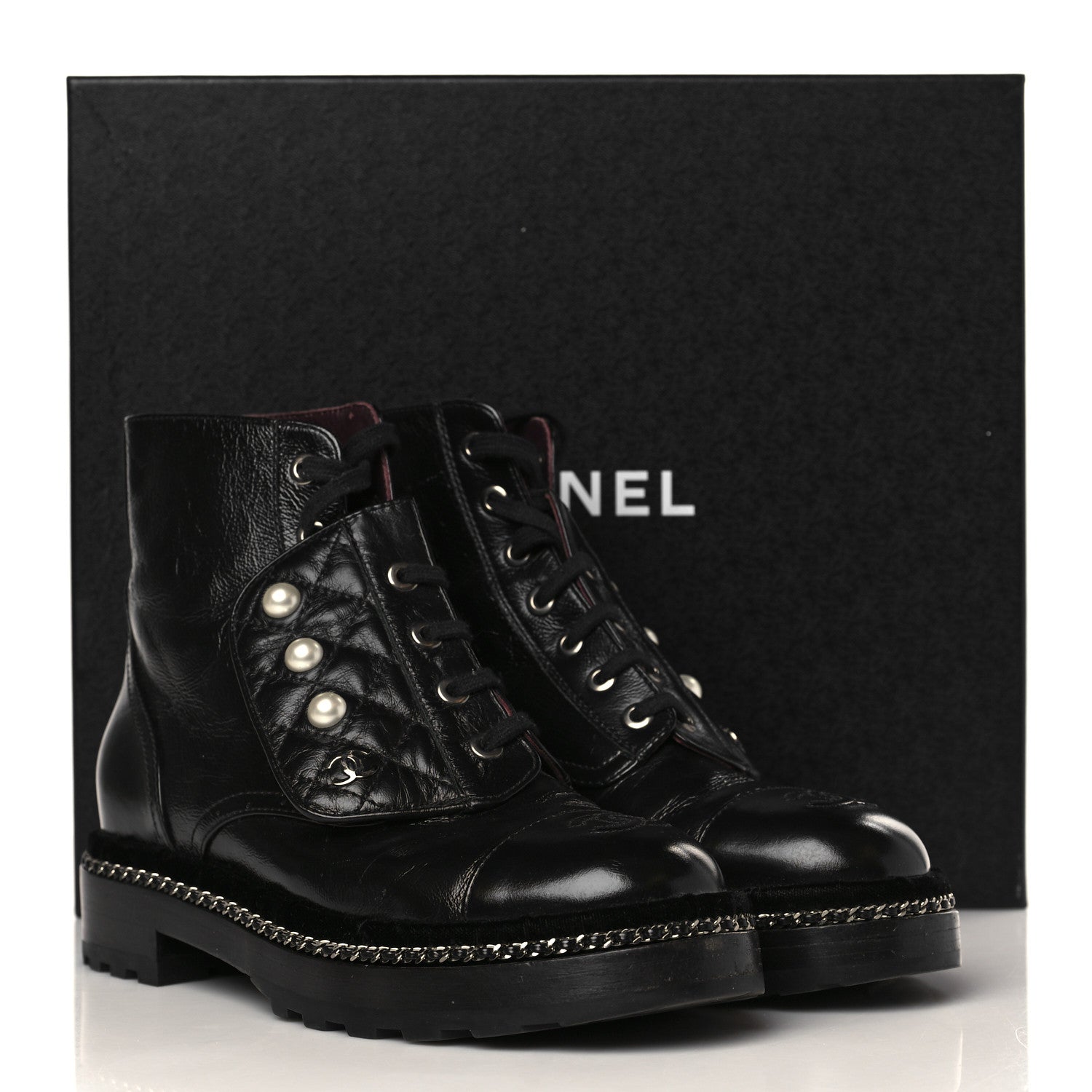 Chanel Crackled Calfskin Velvet Pearl Combat Short Boots 37 Black 9 of 9