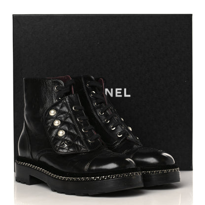 Chanel Crackled Calfskin Velvet Pearl Combat Short Boots 37 Black 9 of 9