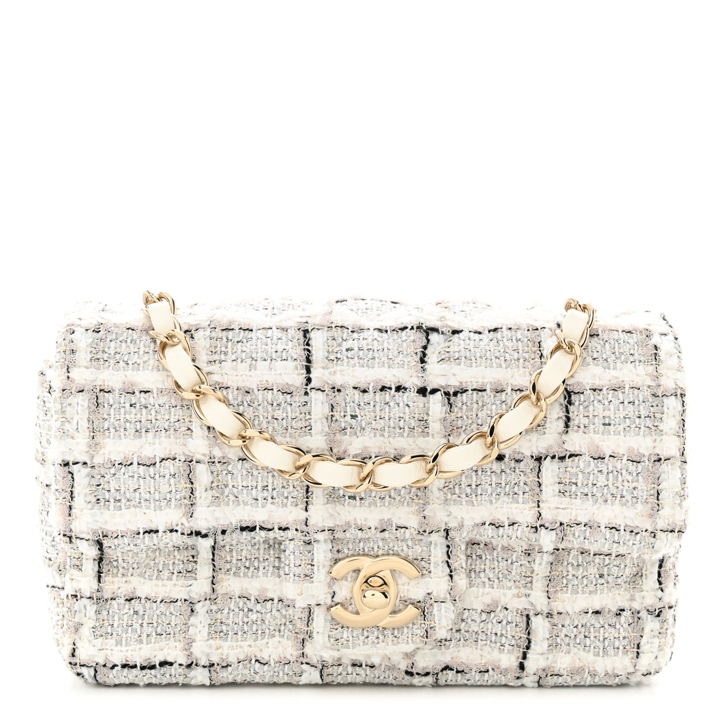 Tweed Quilted Mini Rectangular Flap White Grey