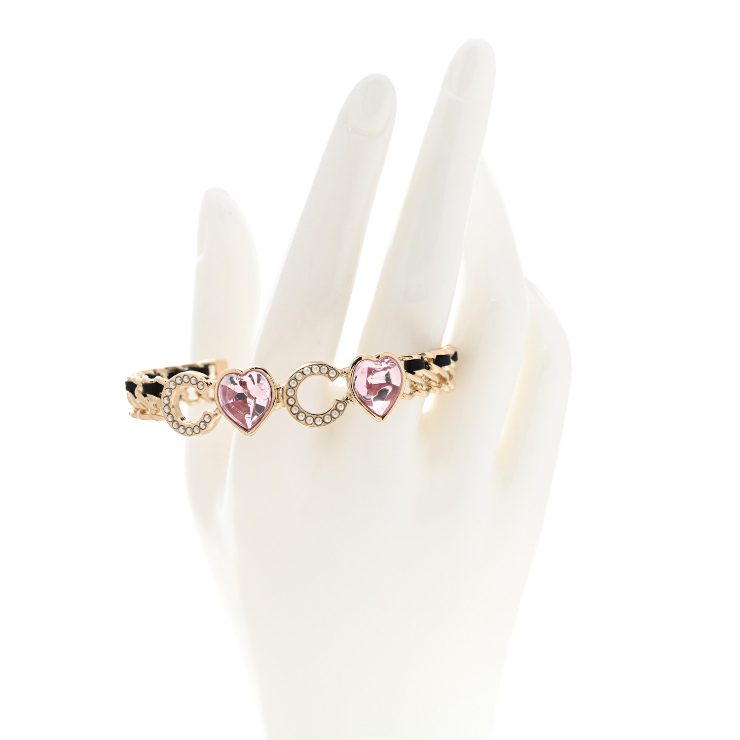 Chanel Crystal Pearl Coco Heart Chain Cuff Bracelet M Pink 2 of 6