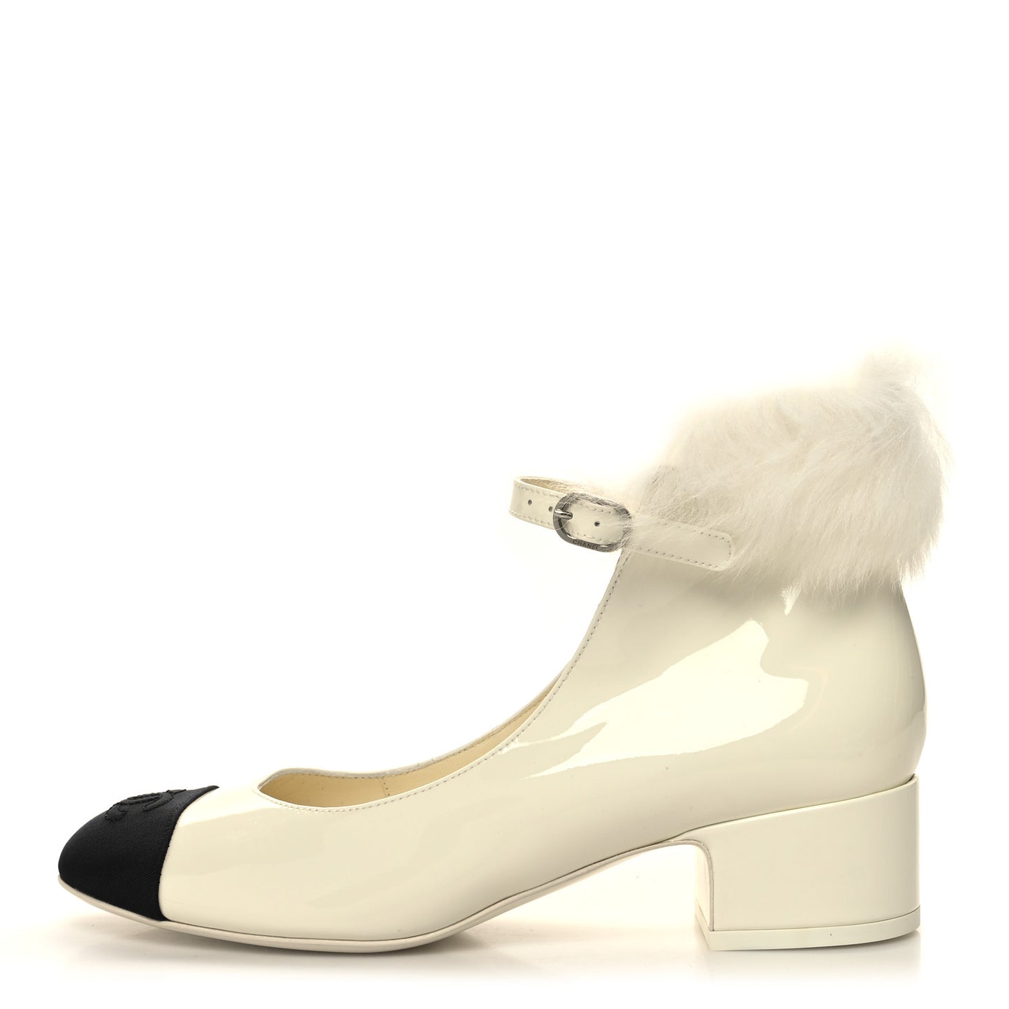 Patent Shearling Lambskin Grosgrain Cap Toe Mary Jane Low Heel Pumps 37.5 White Black