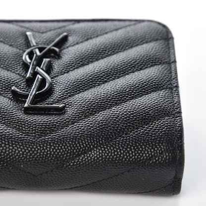 Saint Laurent Grain De Poudre Matelasse Chevron Monogram Compact Zip Around Wallet Black 13 of 14