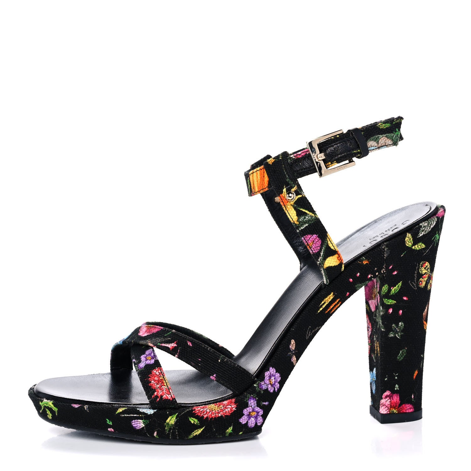 Gucci Canvas Flora High Heel Sandals 8.5 Black 1 of 8
