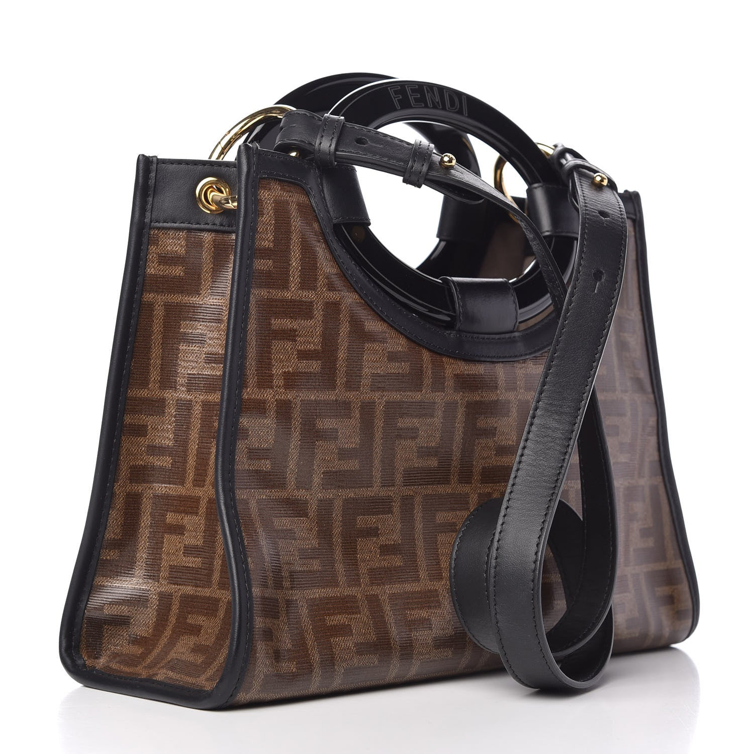Fendi Glazed Fabric Vitello Century Plexiglass FF 1974 Stamp Patch Small Runaway Shopper Tote Mogano Panna Black 3 of 9