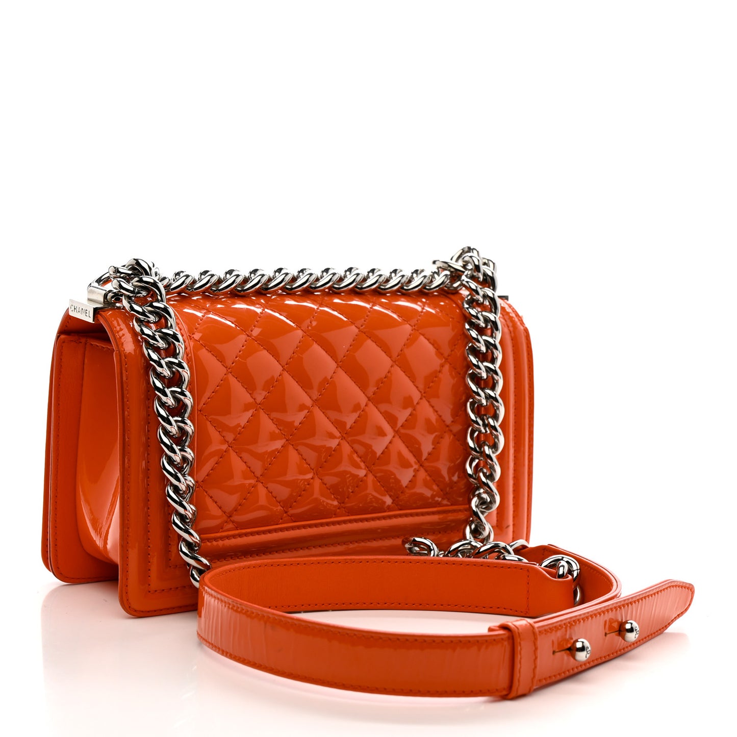 Patent Calfskin Quilted Small Plexiglass Boy Flap Orange