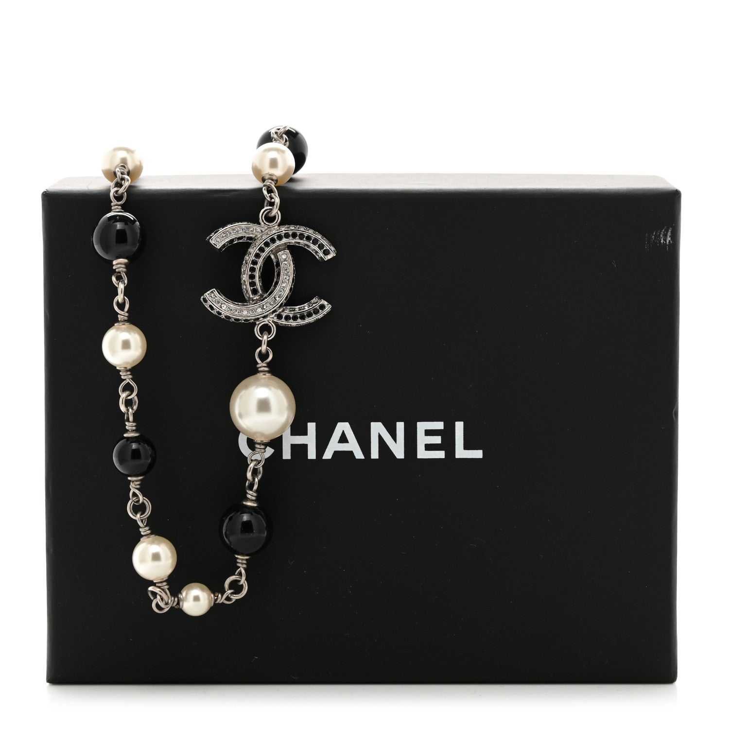 Chanel Pearl Crystal Bead CC Long Necklace Silver Black White 5 of 5