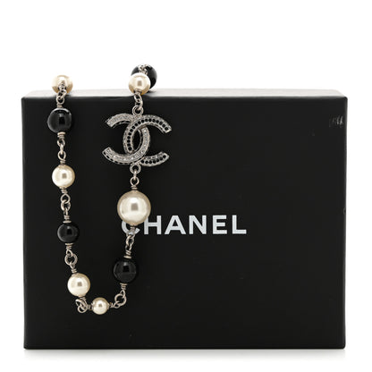 Chanel Pearl Crystal Bead CC Long Necklace Silver Black White 5 of 5