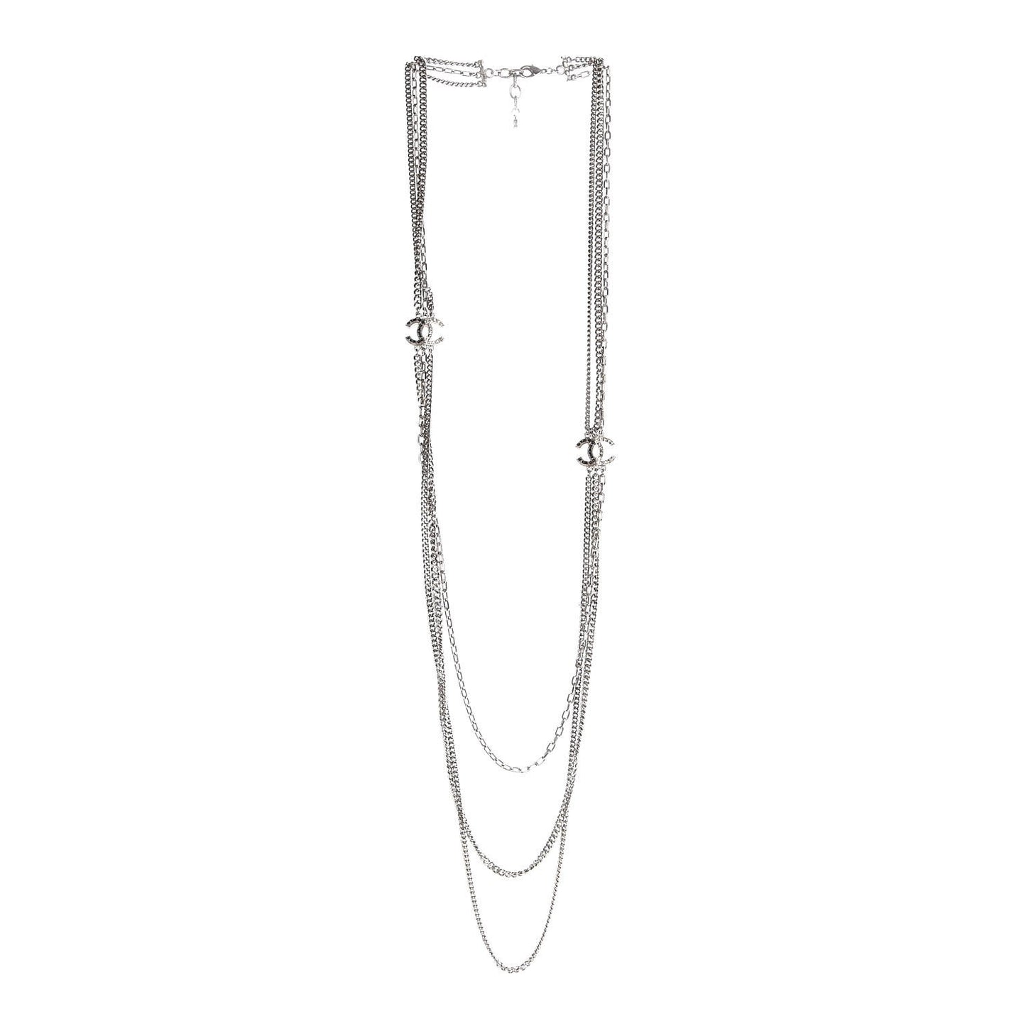 Crystal CC Multi Strand Long Chain Necklace Silver