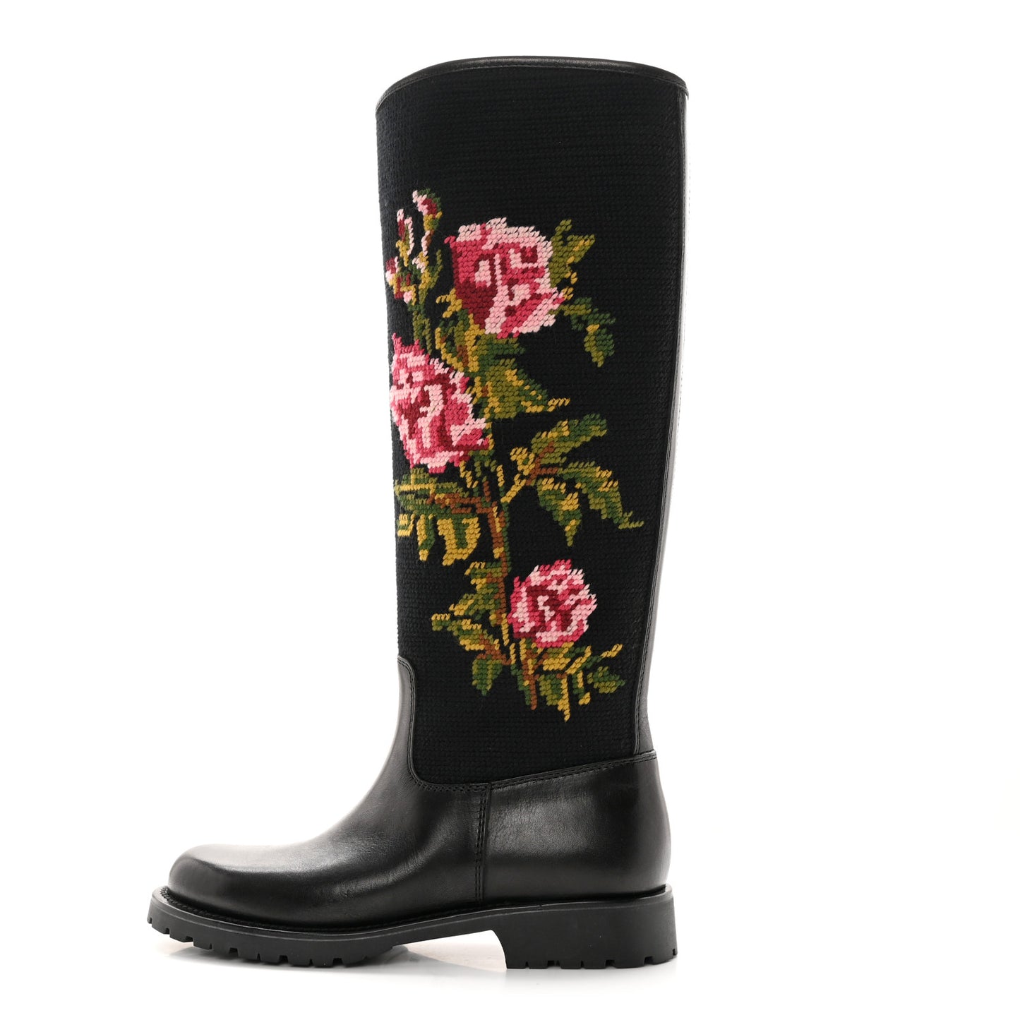 Calfskin Woven Wool Embroidered Knee High Boots 37 Black