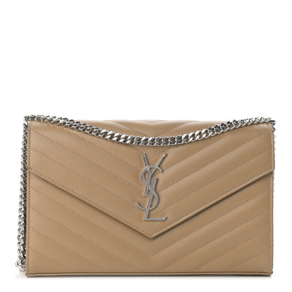 Saint Laurent Grain De Poudre Matelasse Chevron Monogram Chain Wallet Deep Beige 1 of 13