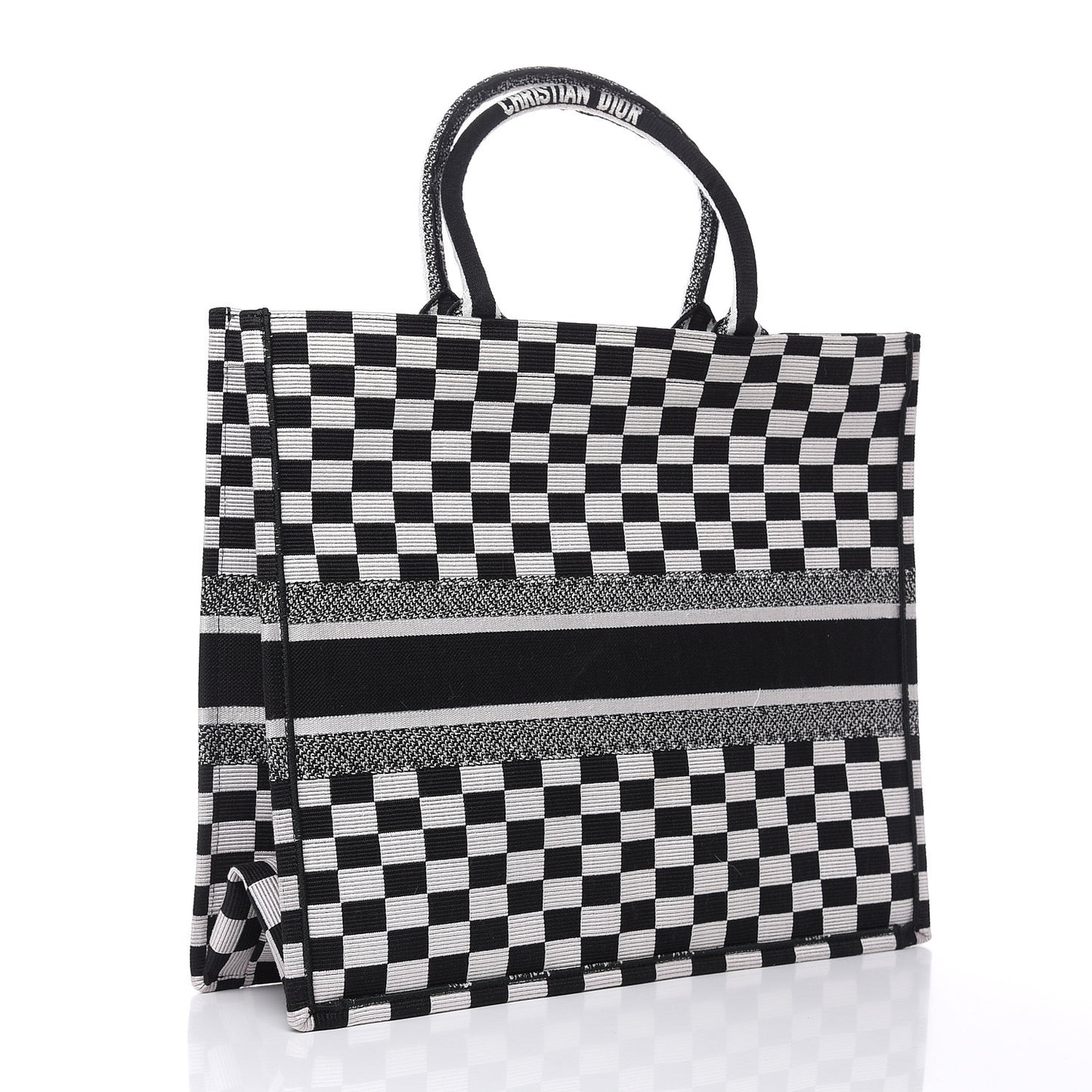 Canvas Embroidered Checkered Book Tote Black White