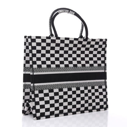 Christian Dior Canvas Embroidered Checkered Book Tote Black White 3 of 13