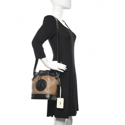 Fendi Vitello Liberty Glossy Lambskin F is Fendi Perforated Large Mon Tresor Bucket Bag Sand Mimosa Black 2 of 9