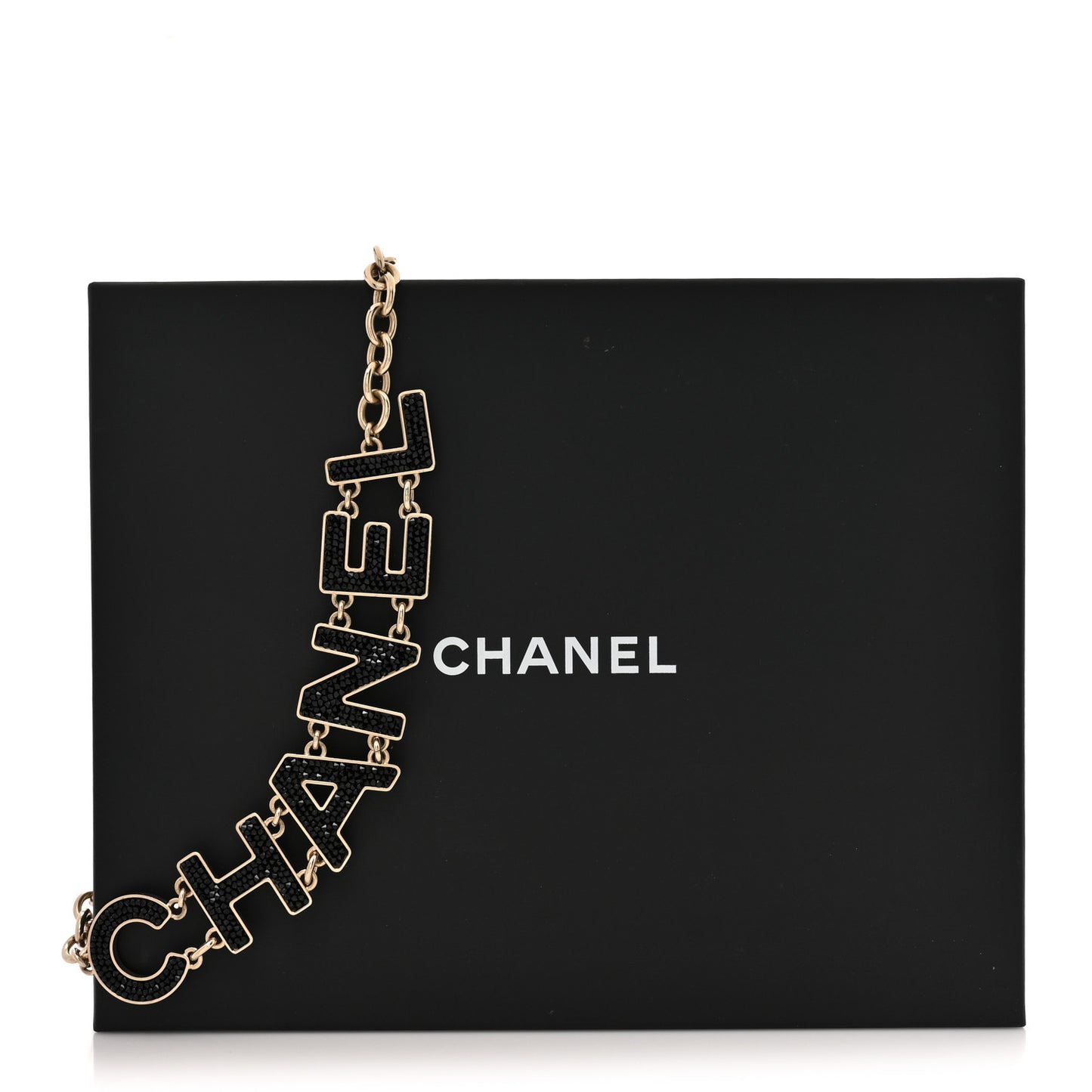 Crystal Cha-Nel Logo Chain Necklace Gold Black