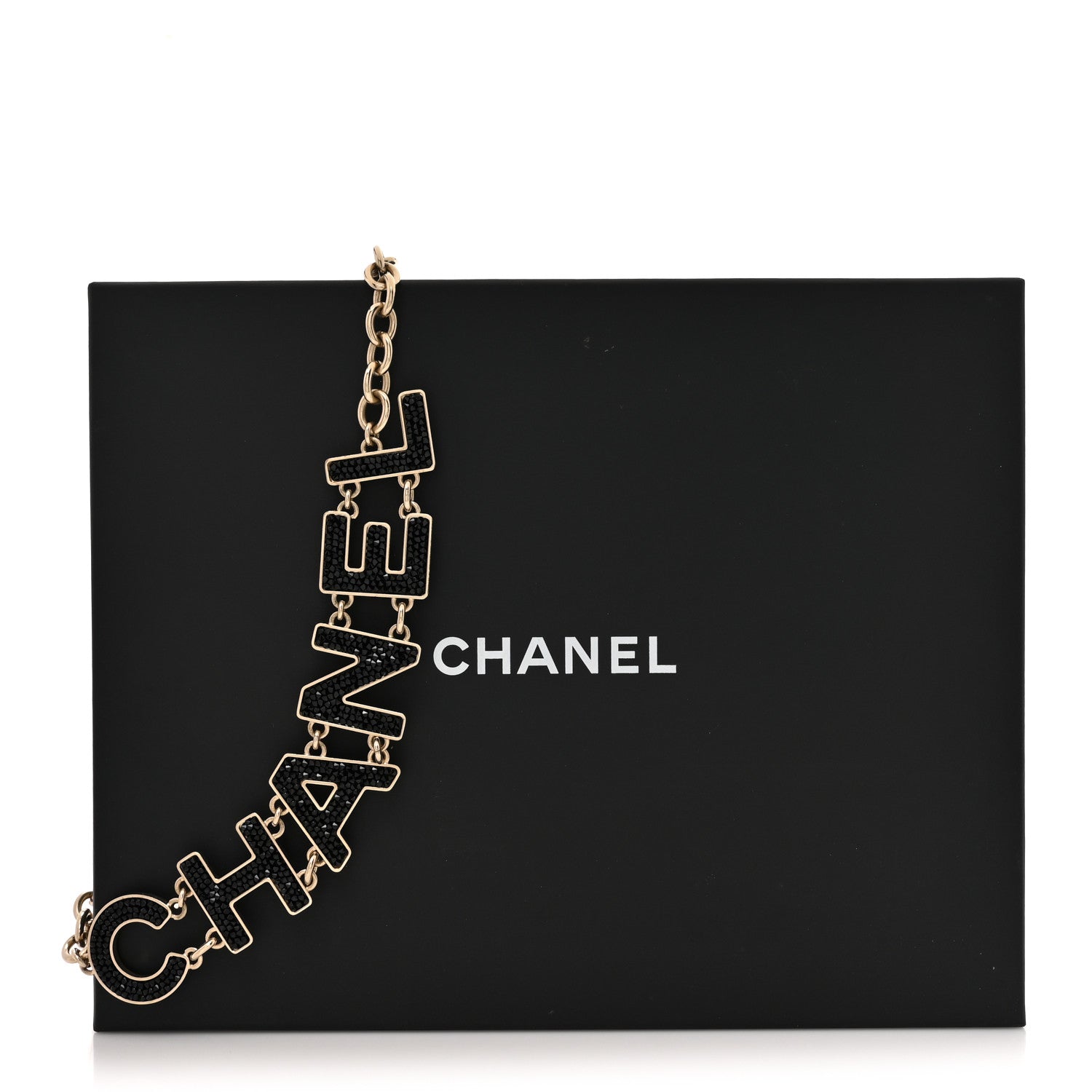 Chanel Crystal Cha-Nel Logo Chain Necklace Gold Black 5 of 5
