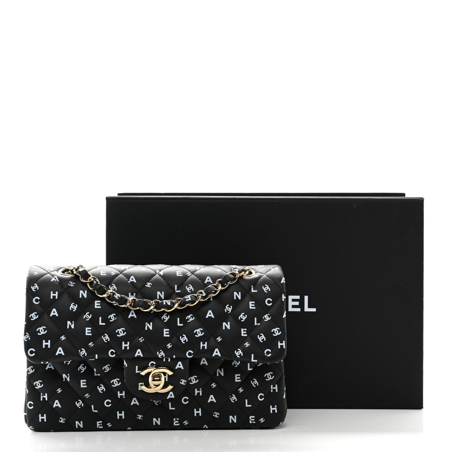 Lambskin Quilted Logo CC Printed Small Double Flap Black White