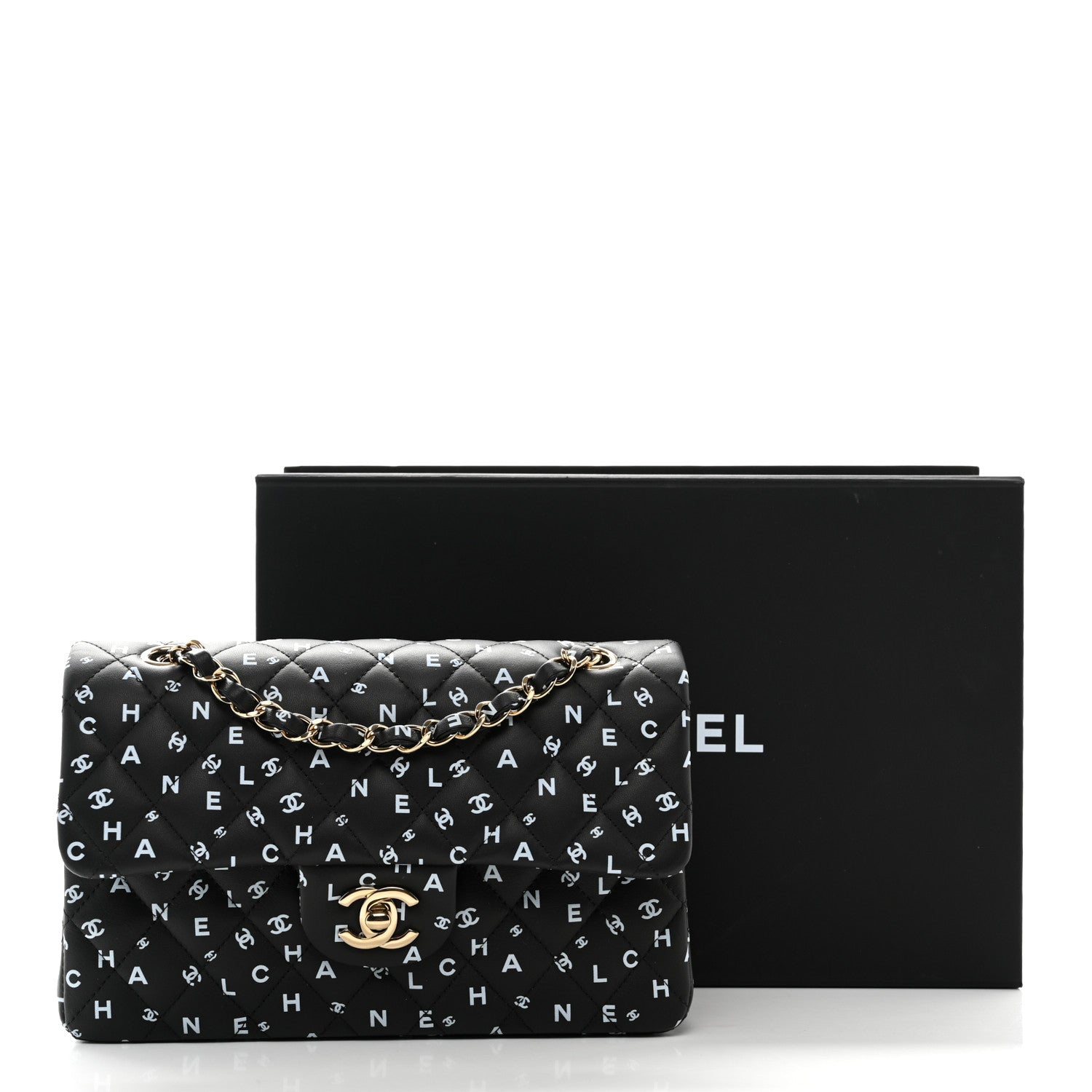 Chanel Lambskin Quilted Logo CC Printed Small Double Flap Black White 11 of 11