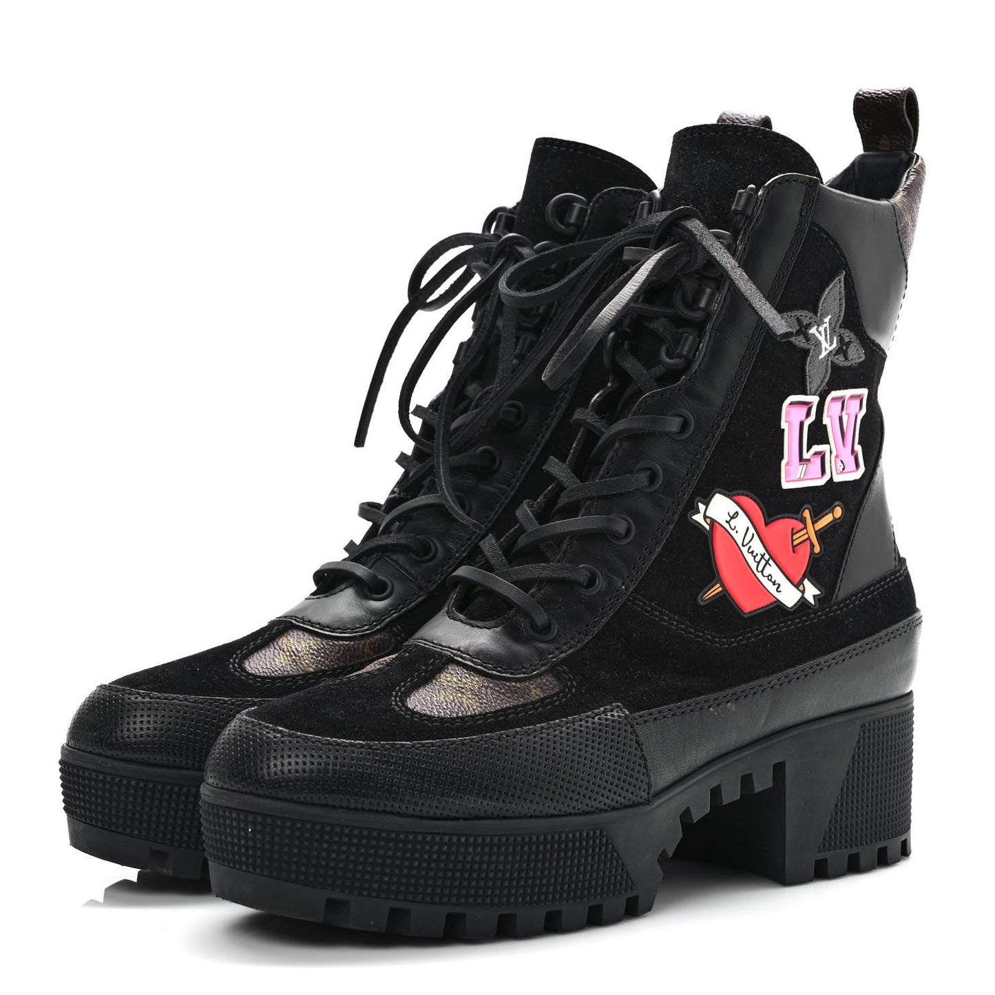 Suede Calfskin Monogram LV Black Heart Laureate Platform Desert Boots 37.5 Black