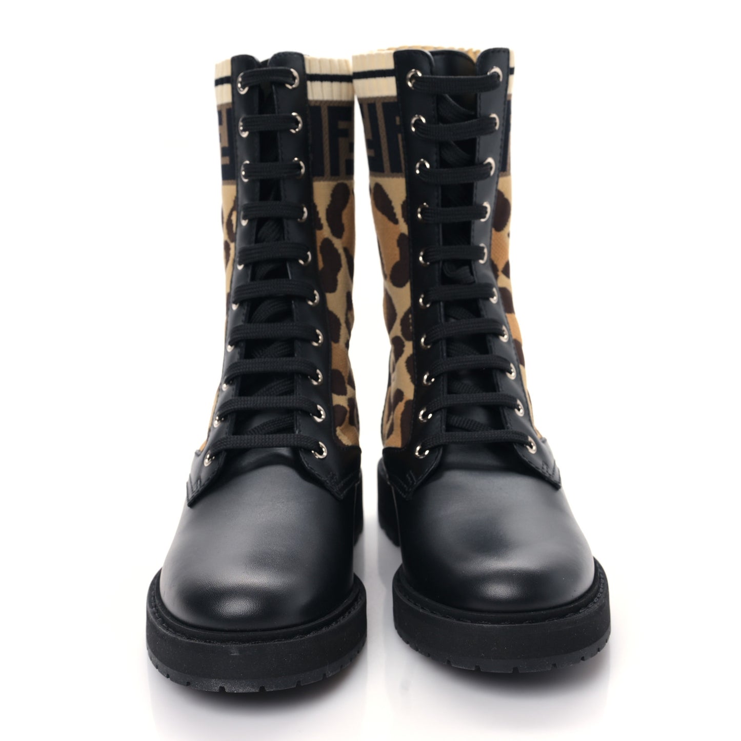 Calfskin Stretch Fabric FF Leopard Rockoko Biker Boots 37 Black
