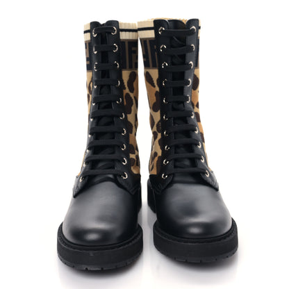 Fendi Calfskin Stretch Fabric FF Leopard Rockoko Biker Boots 37 Black 2 of 6