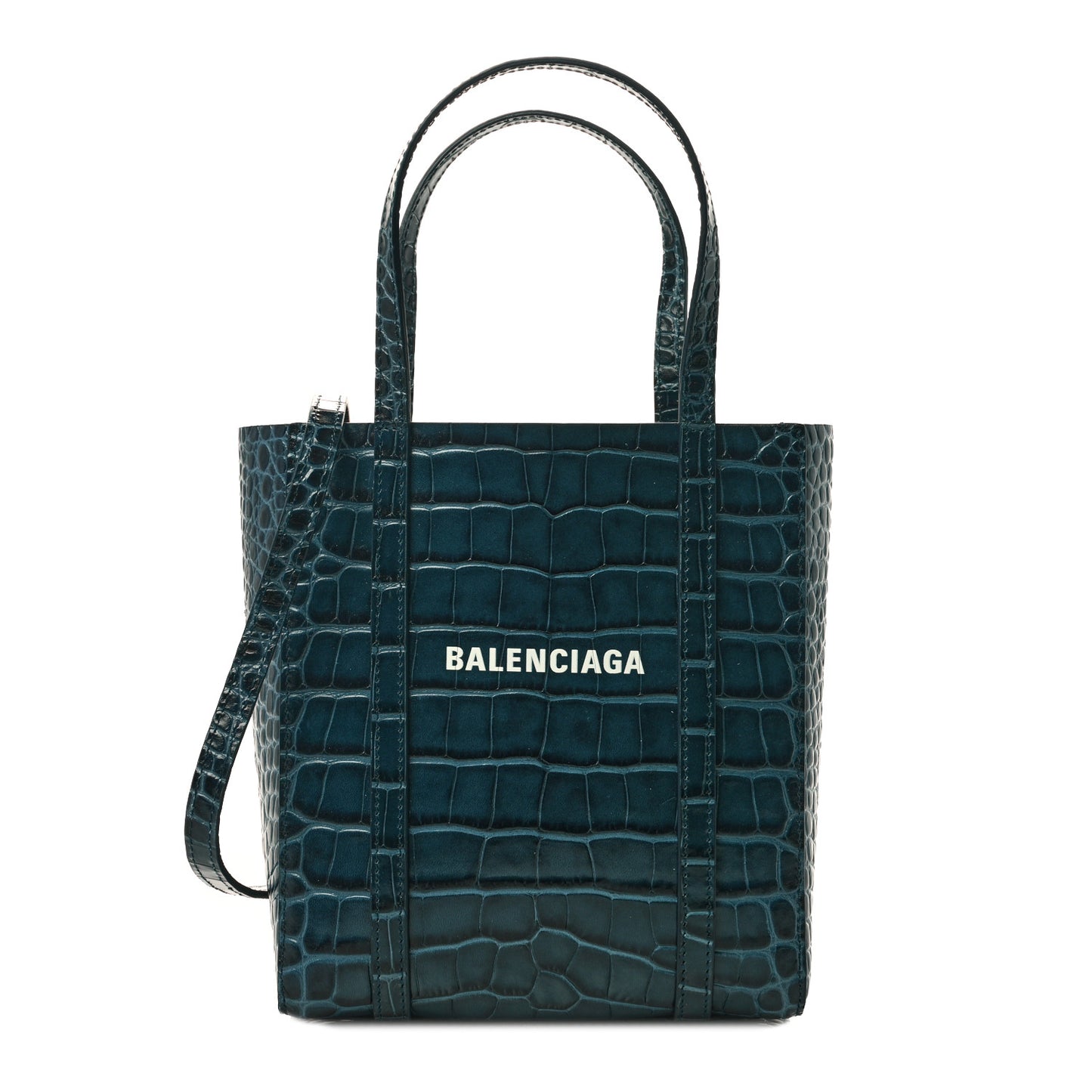 Shiny Calfskin Logo Crocodile Embossed XXS Everyday Tote Indigo