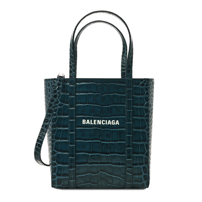 Balenciaga Shiny Calfskin Logo Crocodile Embossed XXS Everyday Tote Indigo 1 of 9