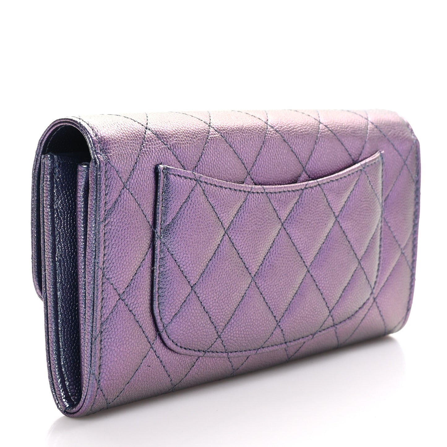 Iridescent Caviar Quilted Large Gusset Flap Wallet Dark Blue