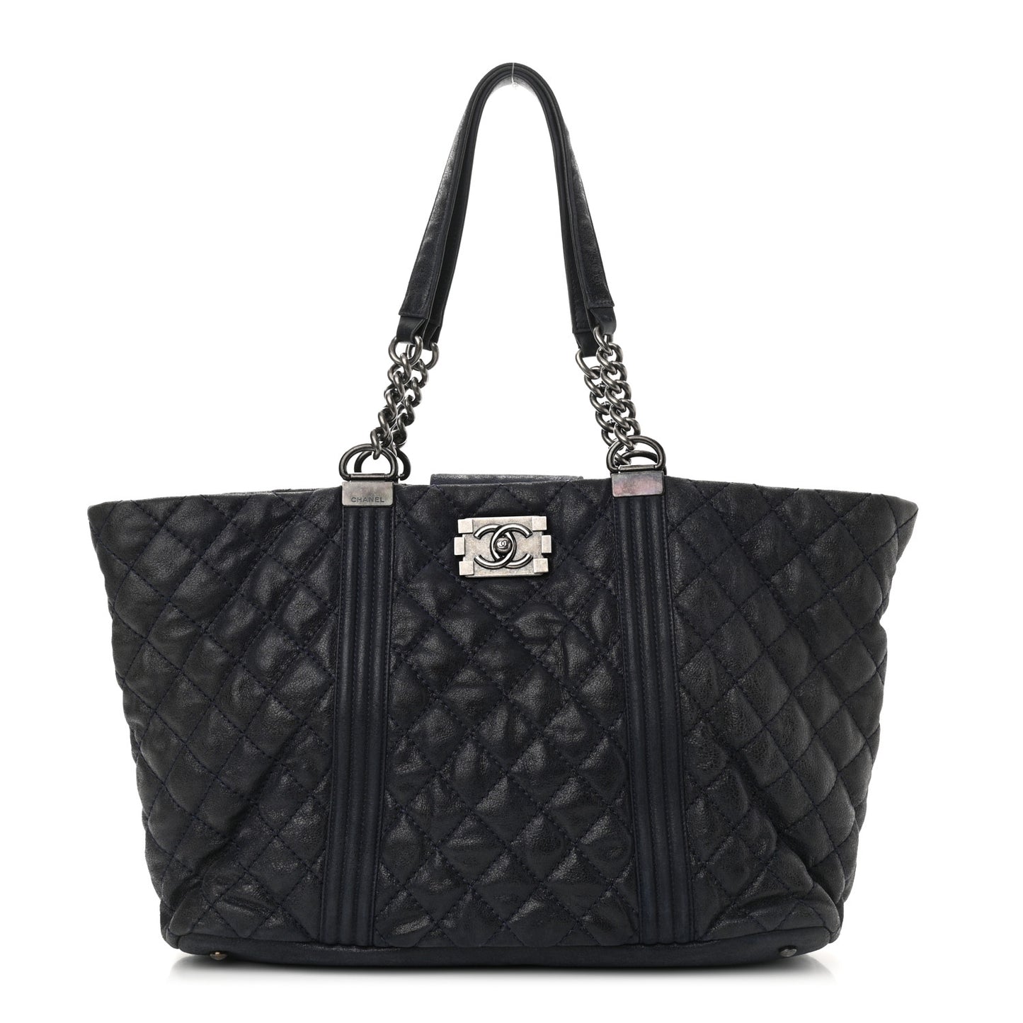 Iridescent Calfskin Quilted Large Gentle Boy Shopping Tote Navy