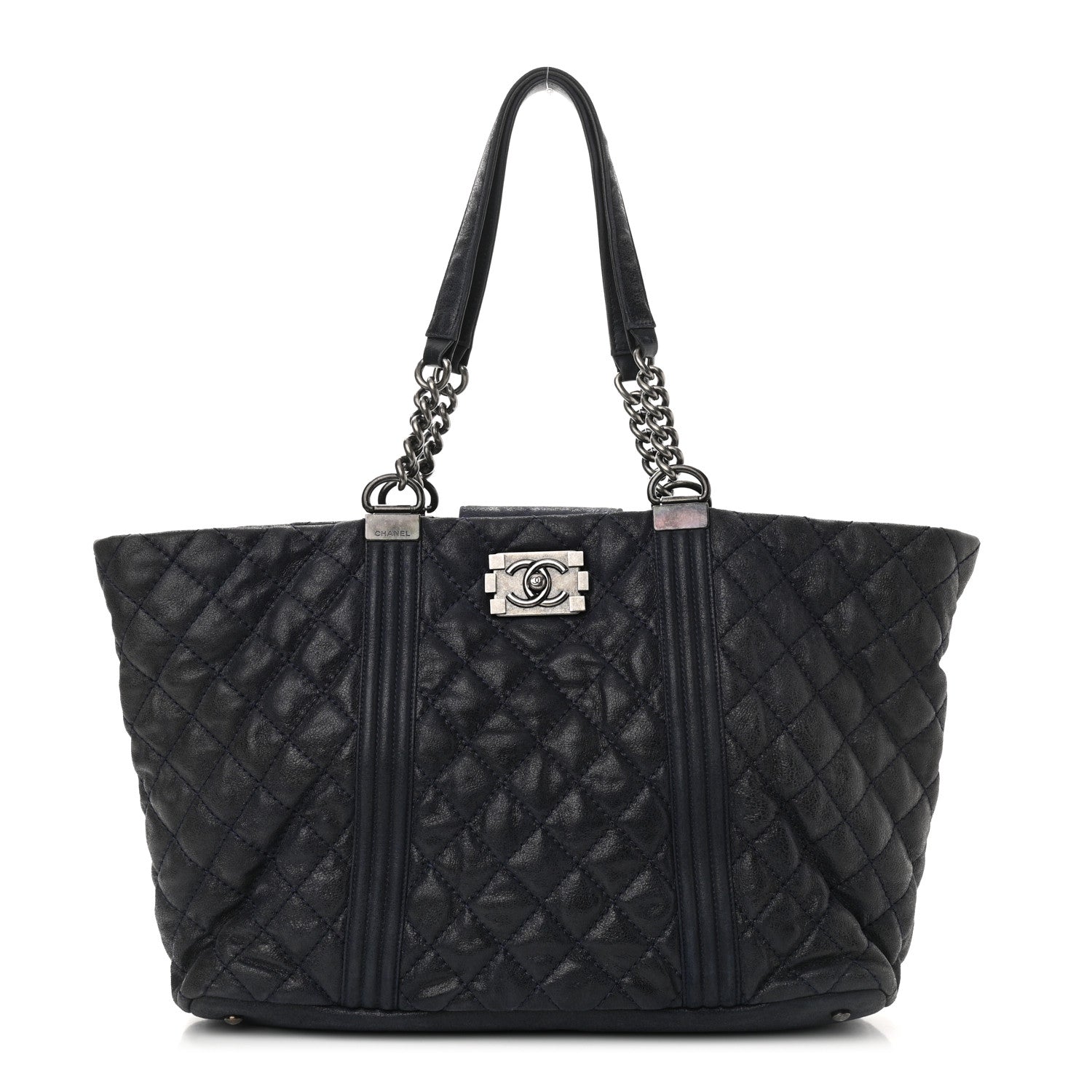 Chanel Iridescent Calfskin Quilted Large Gentle Boy Shopping Tote Navy 1 of 10