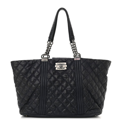 Chanel Iridescent Calfskin Quilted Large Gentle Boy Shopping Tote Navy 1 of 10