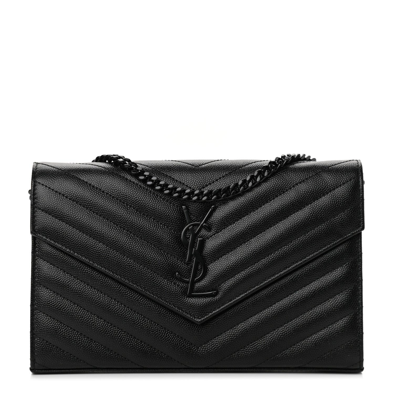 Saint Laurent Grain De Poudre Matelasse Chevron Monogram Monochrome Chain Wallet Black 1 of 11