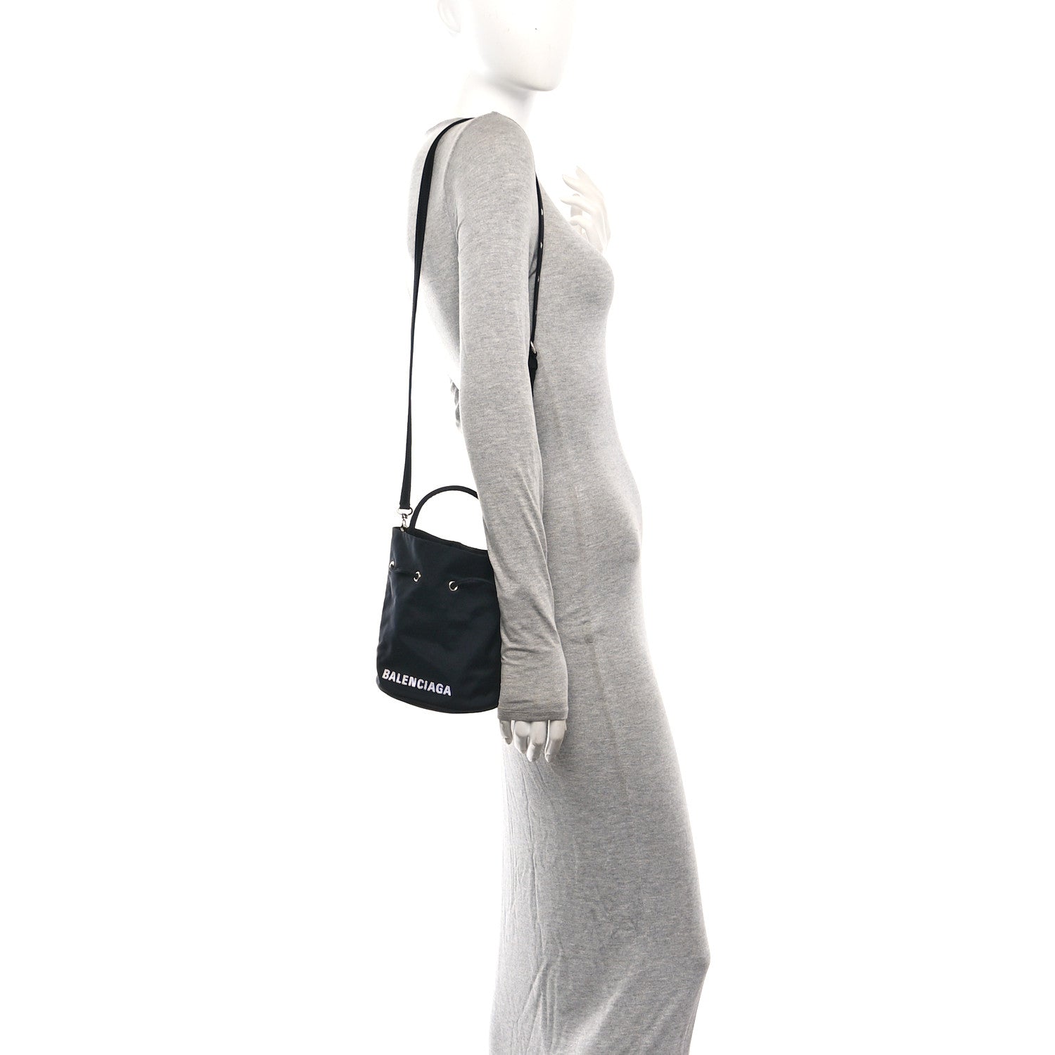 Balenciaga Recycled Sport Nylon Logo Embroidered Wheel Drawstring Bucket Bag Black White 2 of 10