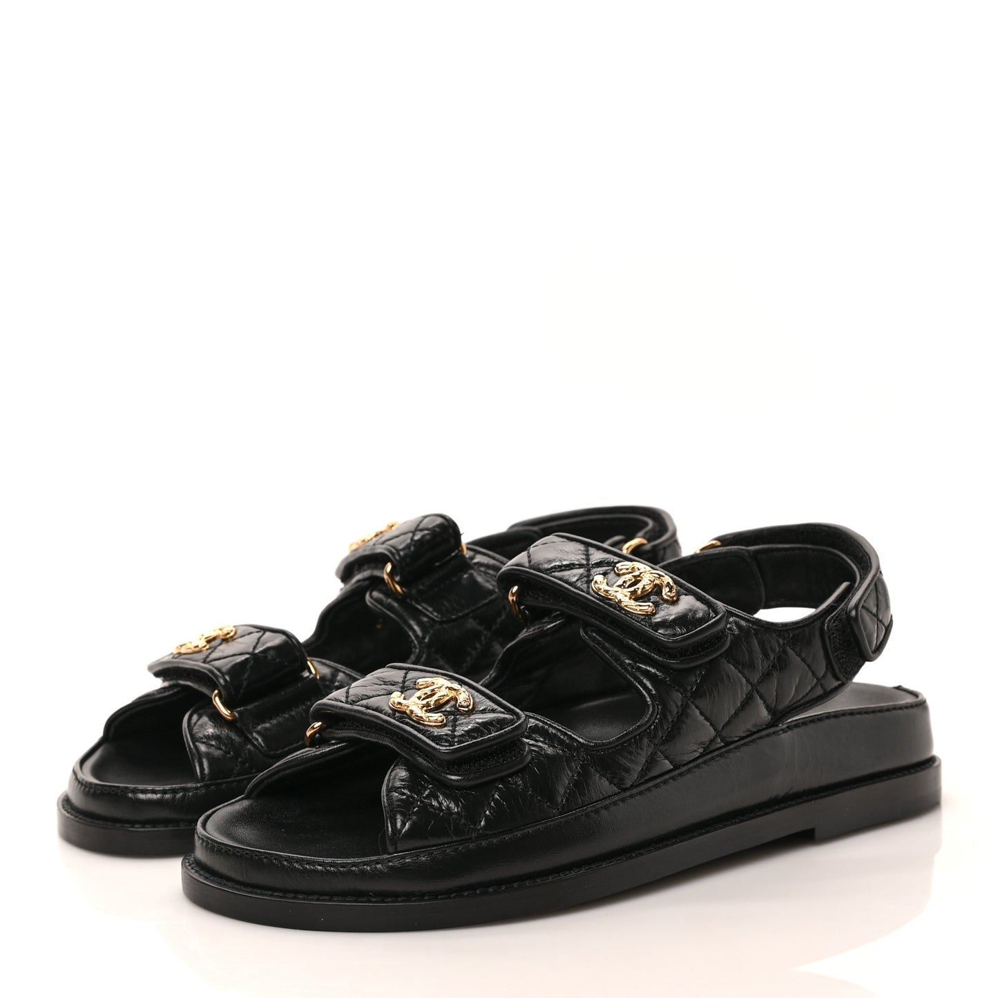 Crumpled Shiny Lambskin Velcro Dad Sandals 36 Black