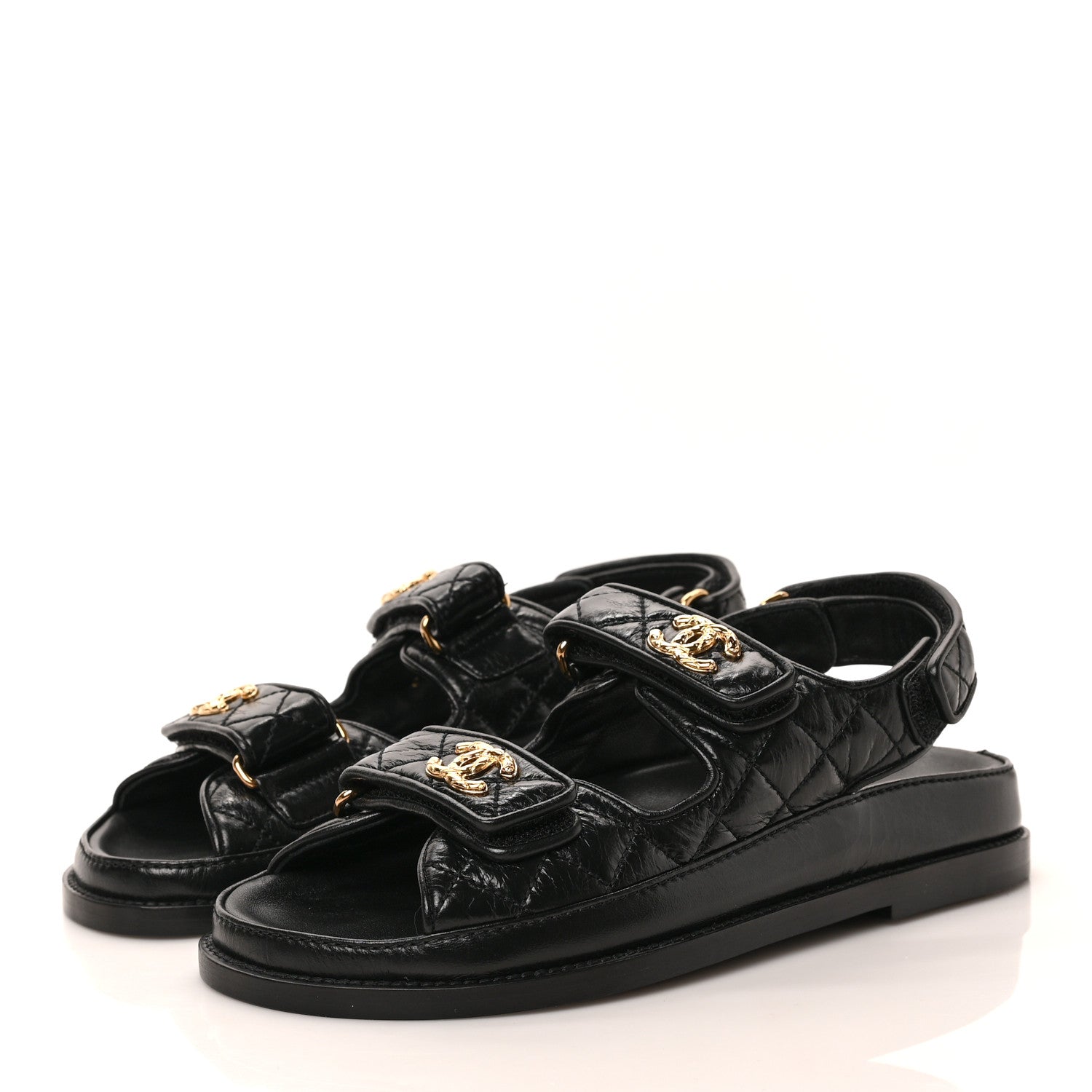 Chanel Crumpled Shiny Lambskin Velcro Dad Sandals 36 Black 3 of 8