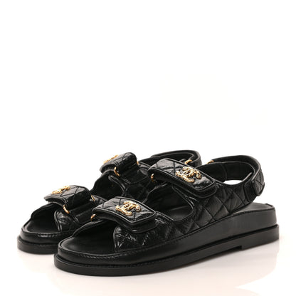 Chanel Crumpled Shiny Lambskin Velcro Dad Sandals 36 Black 3 of 8