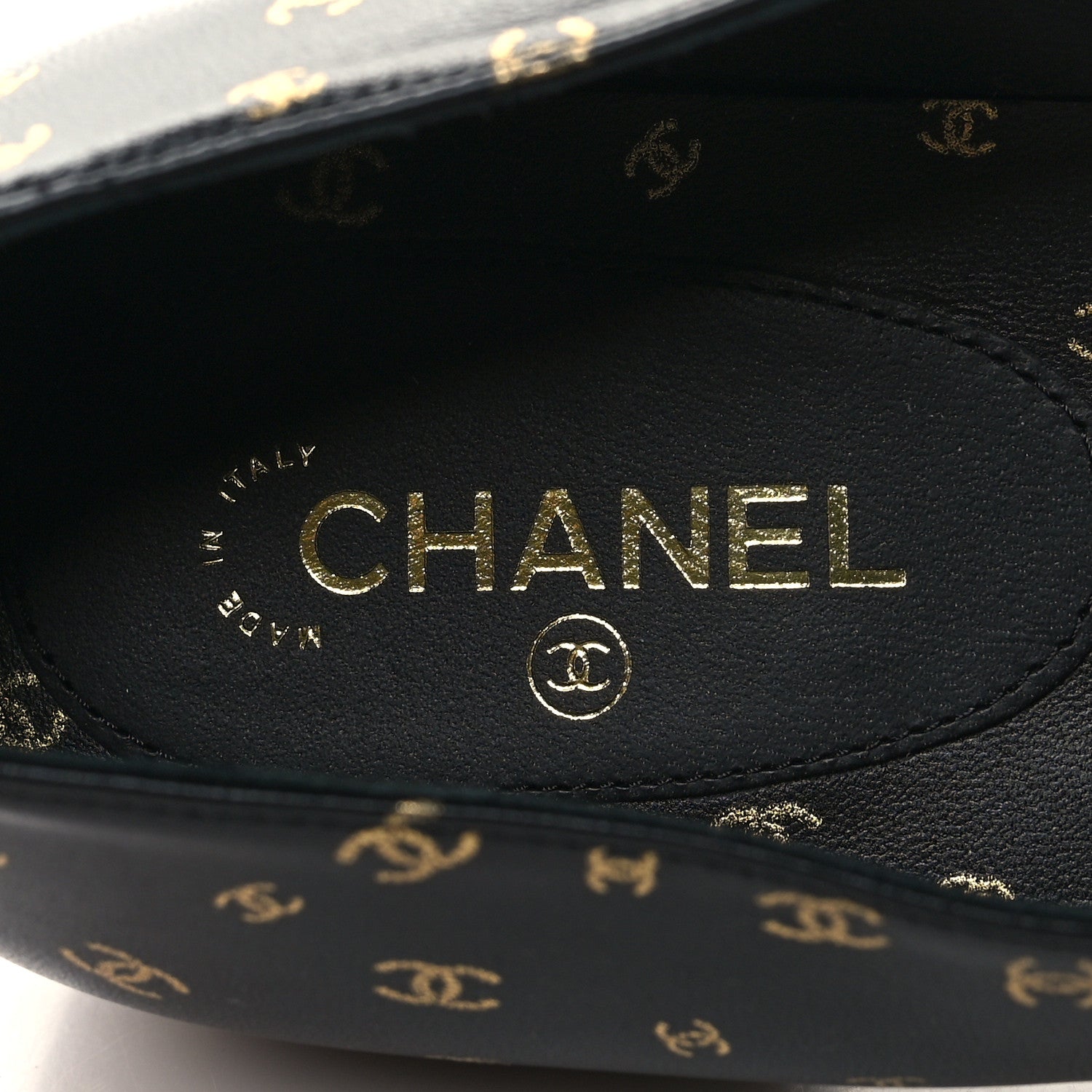Chanel Lambskin Patent Calfskin Printed CC Cap Toe Ballerina Flats 39.5 Black Gold 8 of 9