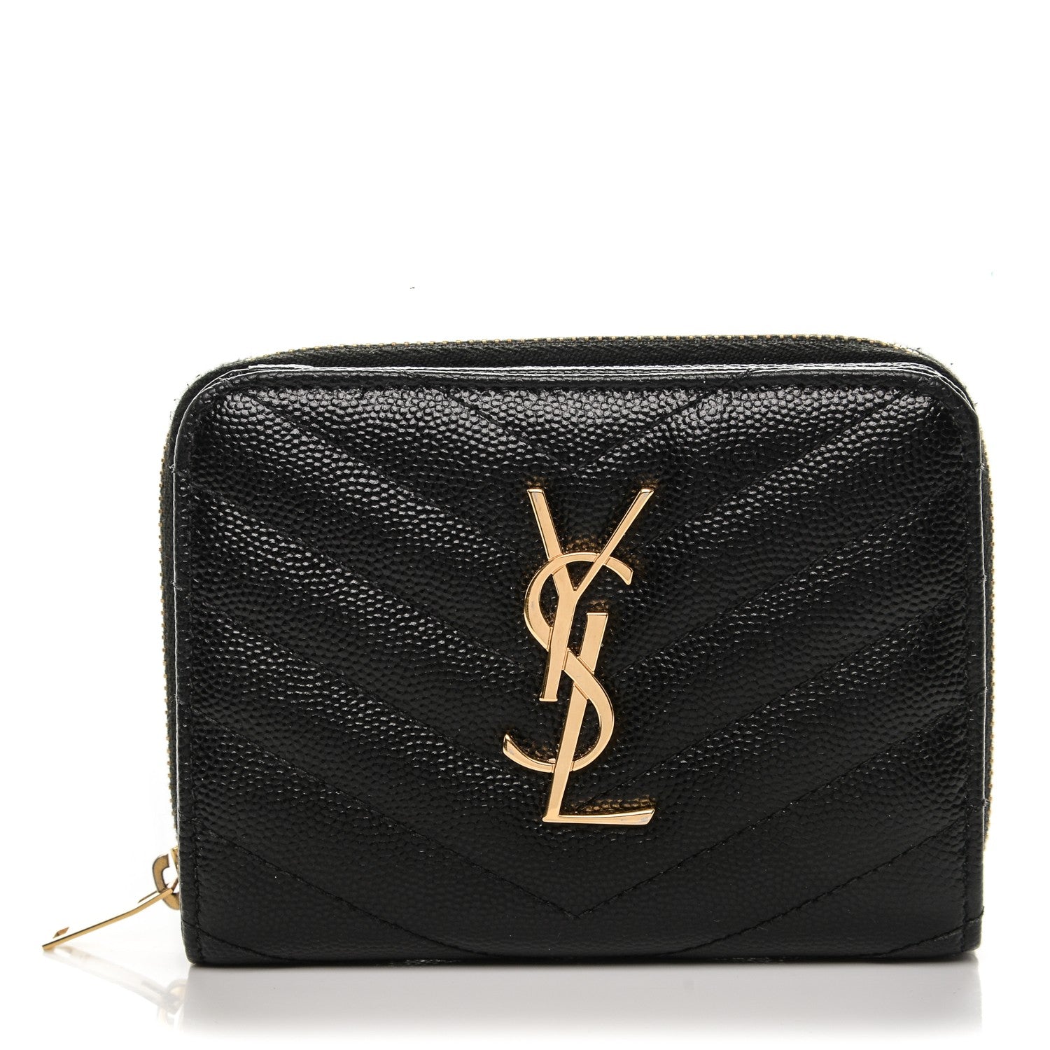 Saint Laurent Grain De Poudre Matelasse Chevron Monogram Compact Zip Around Wallet Black 1 of 7