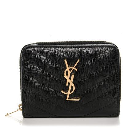 Saint Laurent Grain De Poudre Matelasse Chevron Monogram Compact Zip Around Wallet Black 1 of 7