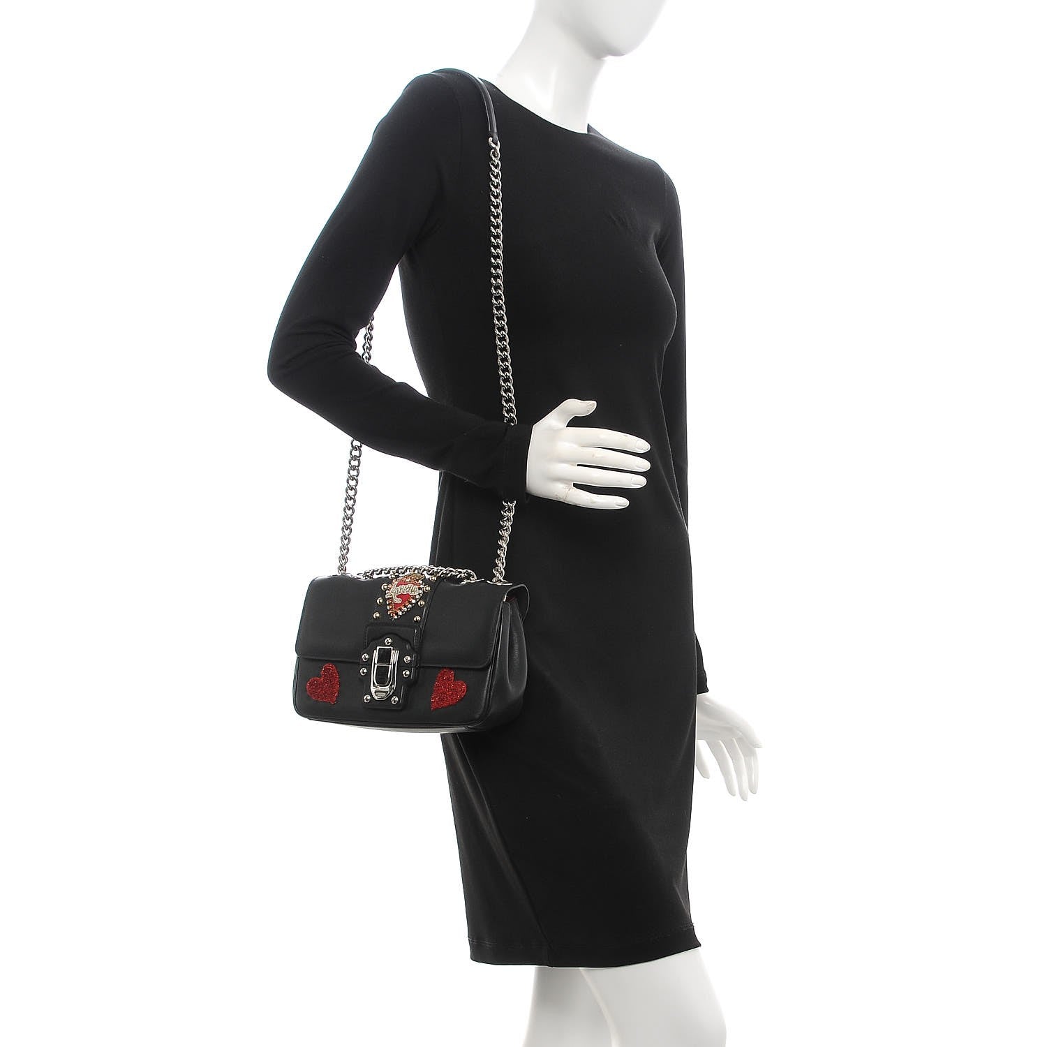 Dolce & Gabbana Calfskin Lucia Amore Heart Chain Shoulder Bag Black 2 of 8