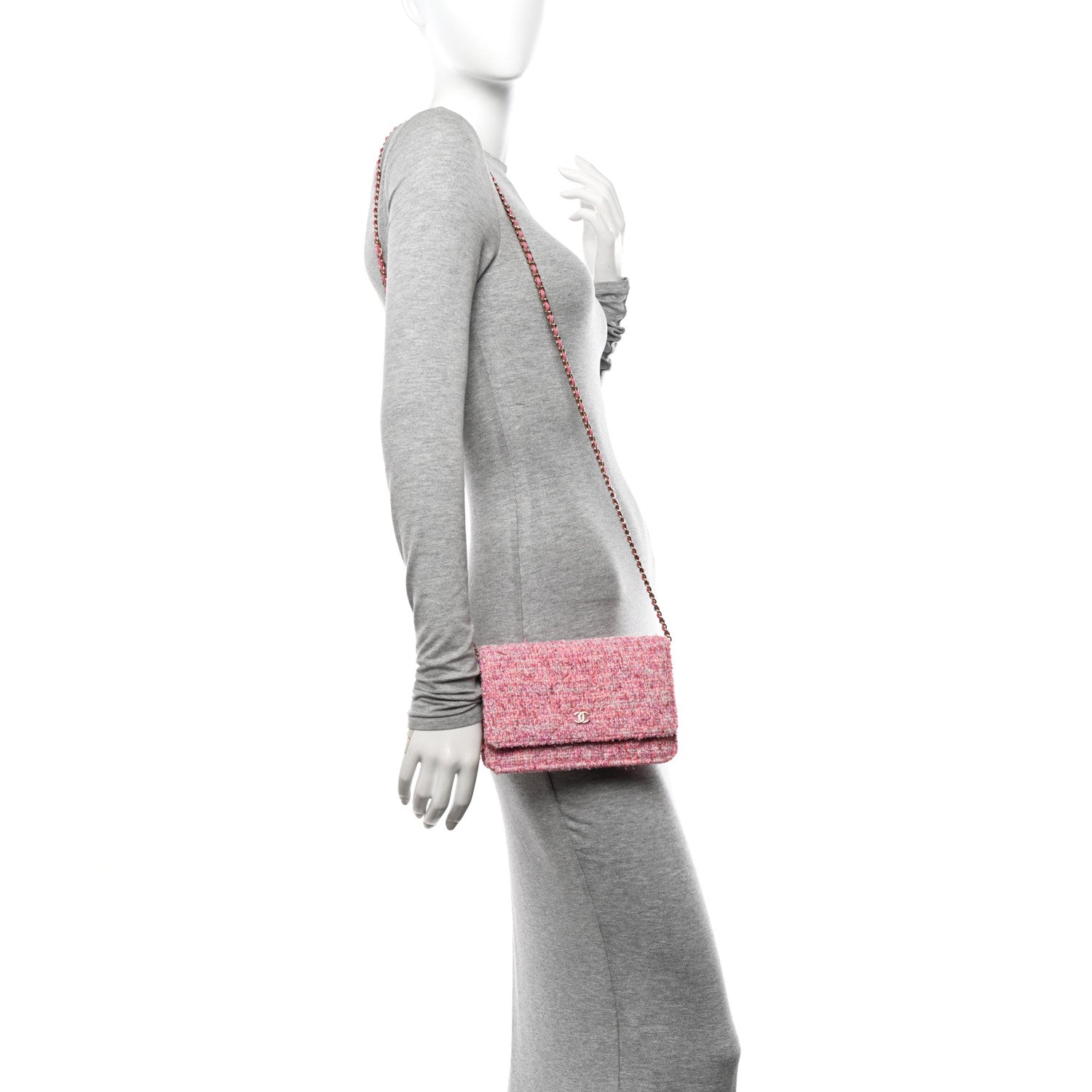 Chanel Tweed Quilted Wallet On Chain WOC Pink 2 of 12