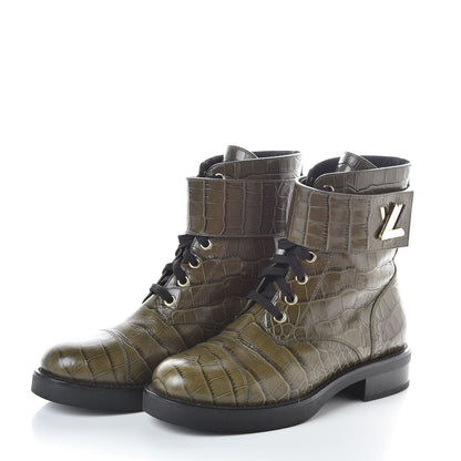 Louis Vuitton Calfskin Crocodile Embossed Wonderland Ranger Boots 36 Kaki 3 of 8