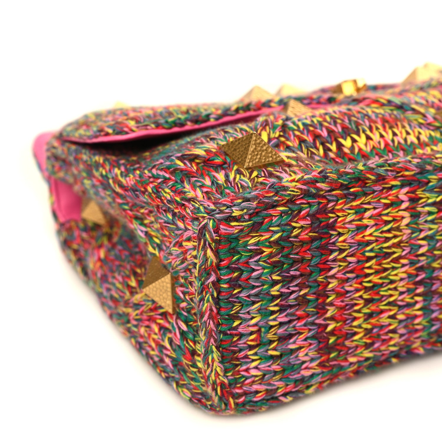 Valentino Garavani Wool Woven Large Roman Stud Shoulder Bag Multicolor Feminine Pink 7 of 8