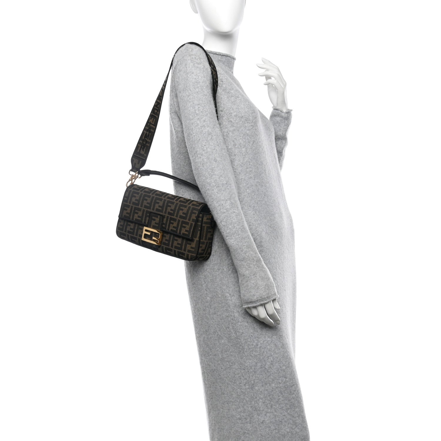 Fendi Fabric Jacquard FF 1974 Medium Baguette Tobacco Moro Black 2 of 11