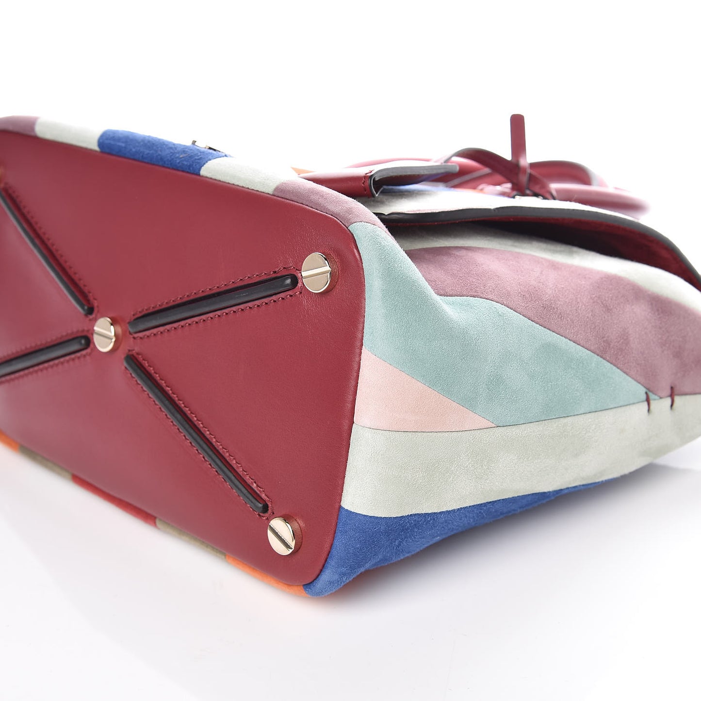Suede Chevron Small Rockstud Demilune Double Handle Satchel Multicolor