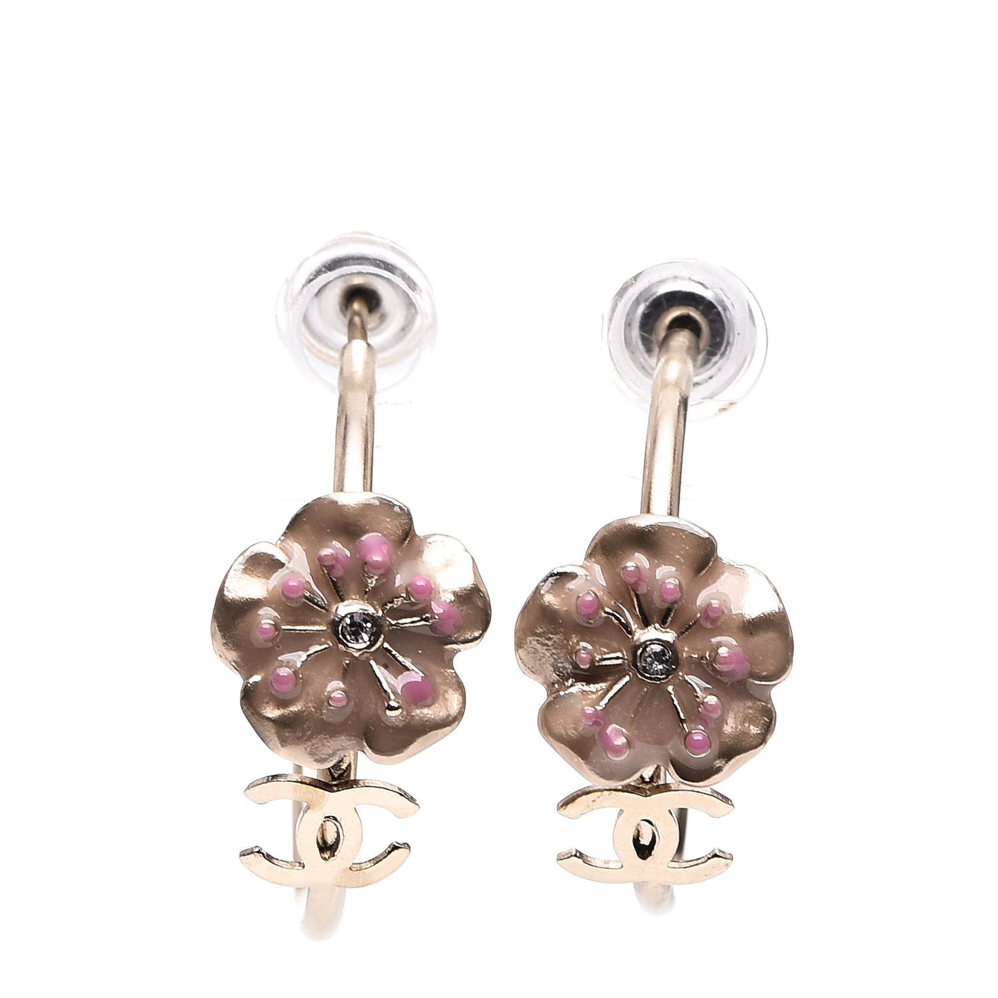 Enamel Crystal Camellia Earrings Pink Gold