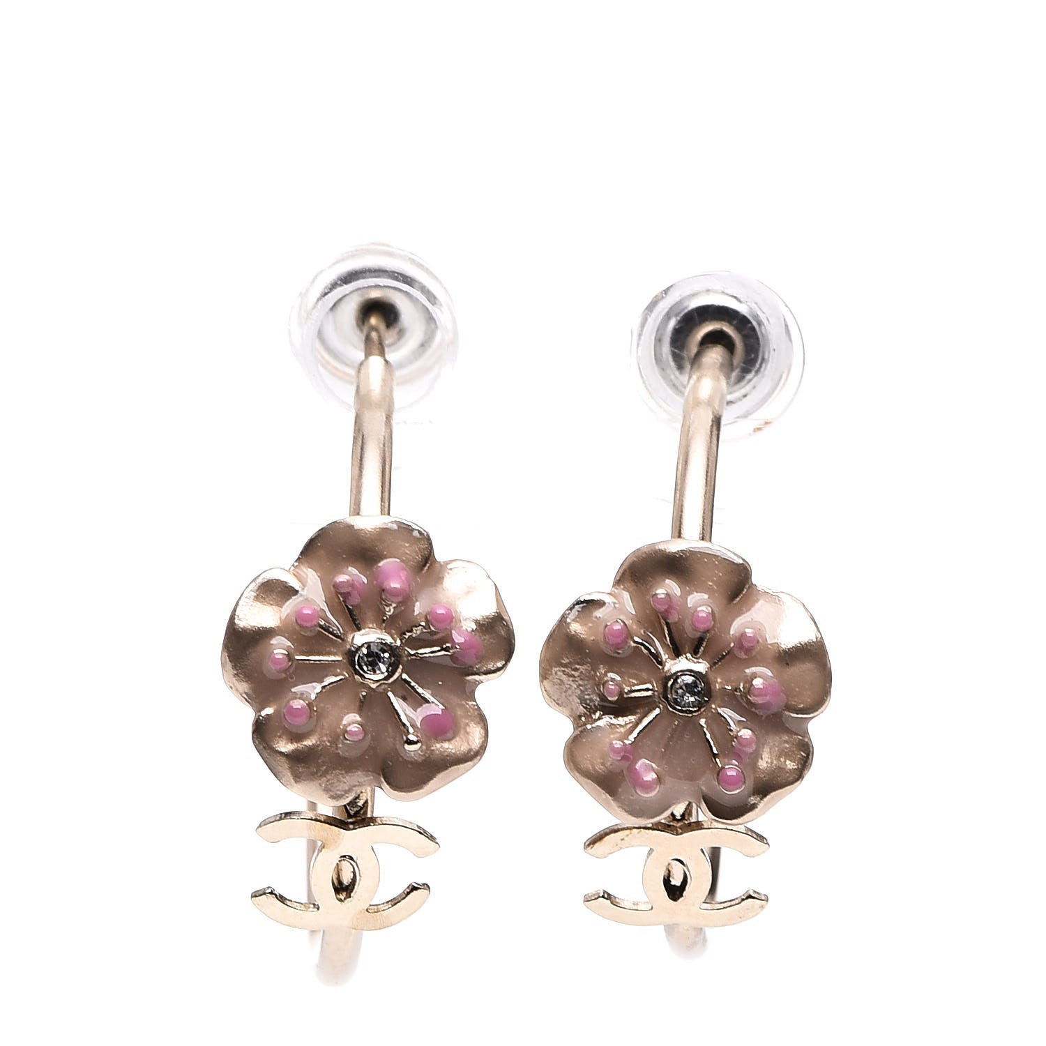 Chanel Enamel Crystal Camellia Earrings Pink Gold 1 of 4