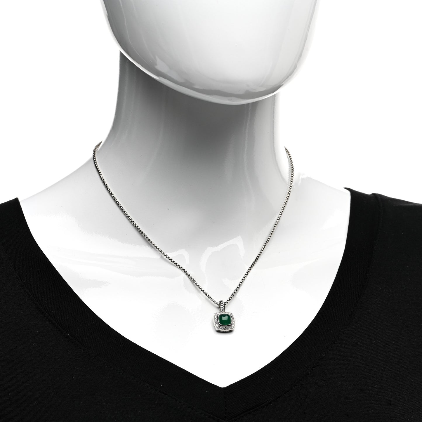 Sterling Silver Diamond Green Onyx 7mm Petite Albion Pendant Necklace