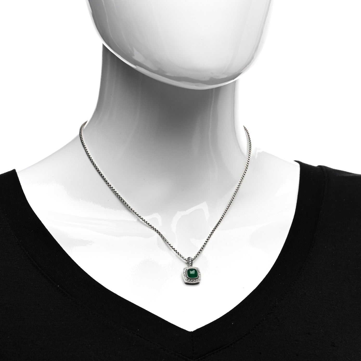 David Yurman Sterling Silver Diamond Green Onyx 7mm Petite Albion Pendant Necklace 2 of 4